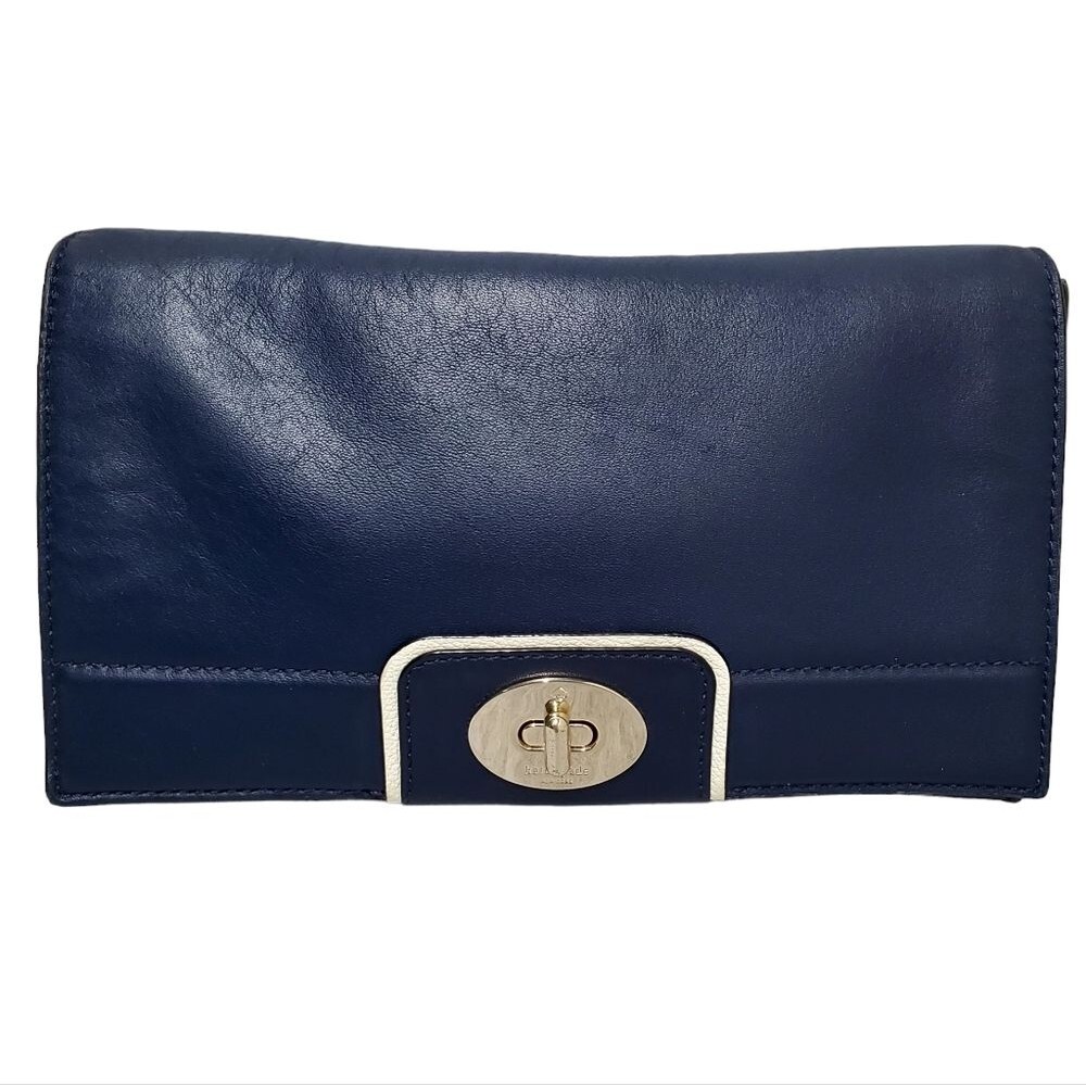 KATE SPADE Navy Leather Crossbody Clutch Silver Turnlock